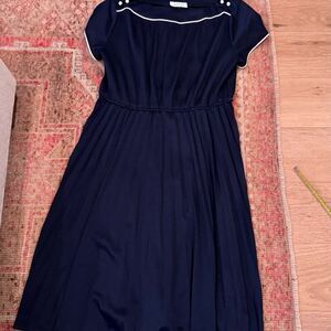 MCS Ltd Dress Vintage Women’s Navy & White Piping  With Pleating/Button Detail M
